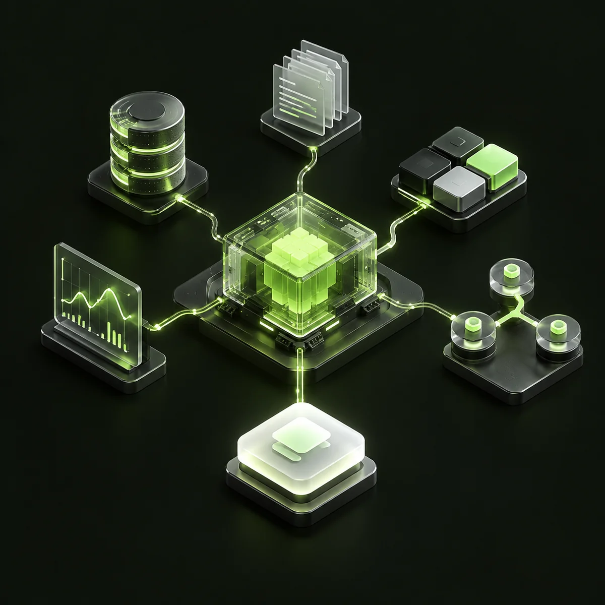 Illustration of an AI core connecting databases, documents, software, automated tasks and market analysis