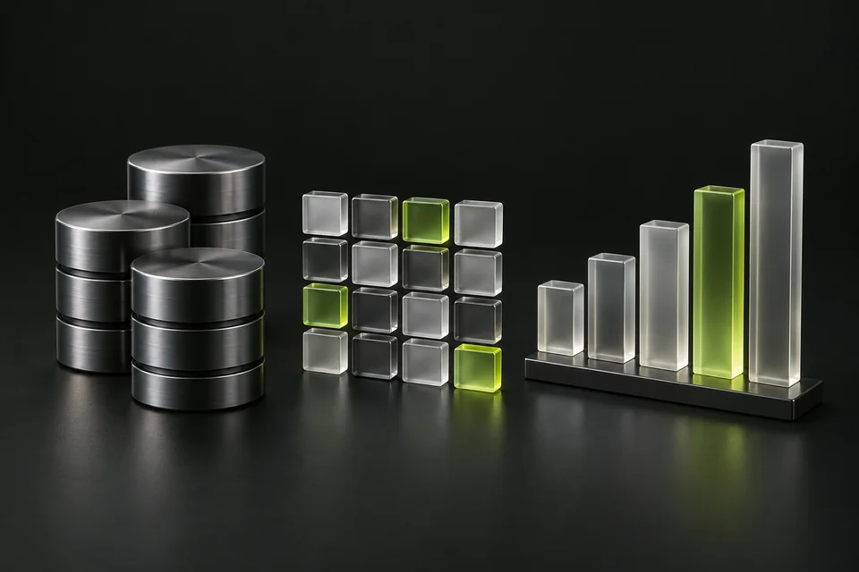 Illustration of structured databases and a glass data chart